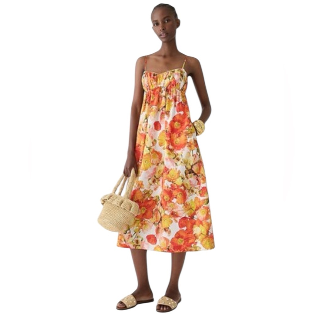 J. Crew Empire Waist Midi Dress in Floral Cotton Poplin Size Large Orange Yellow